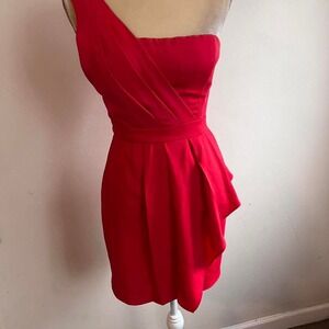 BCBG MAXAZRIA red one shoulder mini dress draped skirt size 2